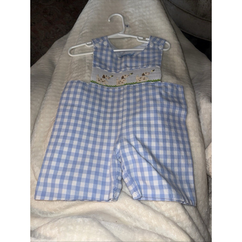 The Smocking Bug Smocked Dog & Bumble Bee Romper 12M Gingham Blue Smocked